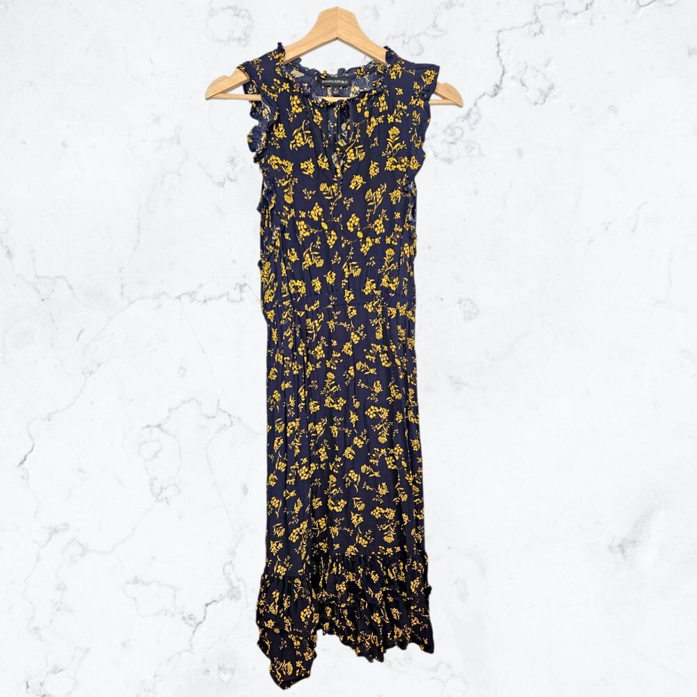 Banana Republic Navy Blue & Yellow Floral Ruffle Cottagecore Maxi Dress - Picture 2 of 5